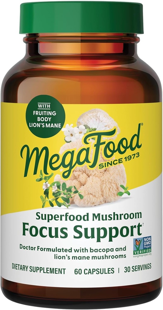 MegaFood Superfood Mushroom Focus Support - Doctor Formulated Lions Mane Supplement Capsules - Lions Mane Mushroom Supplement with Clinically Studied Bacopa - Vegan - 60 Capsles, 30 Servings