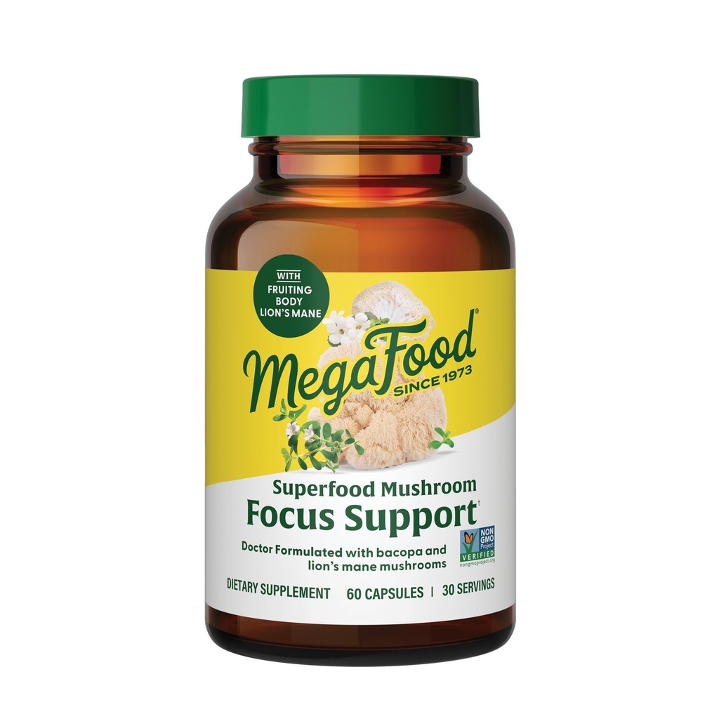 MegaFood Superfood Mushroom Focus Support - Doctor Formulated Lions Mane Supplement Capsules - Lions Mane Mushroom Supplement with Clinically Studied Bacopa - Vegan - 60 Capsles, 30 Servings