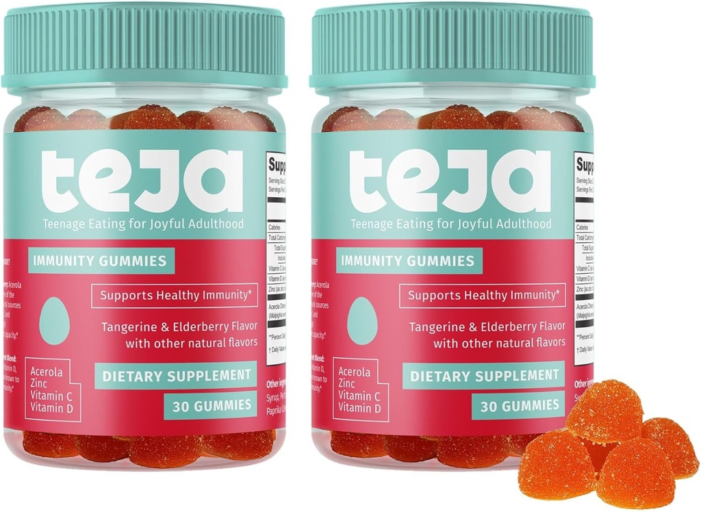 TEJA Ανοσοποιητική υποστήριξη Gummies για εφήβους με βιταμίνη D, VIT C, ψευδάργυρο, και Acerola. Χαμηλή συμπλήρωμα ζάχαρης, Καθημερινή Ανοσία Πολυβιταμίνη για την ηλικία 12-17 έφηβοι σε ενήλικες. 30 Gummies (2 Pack)