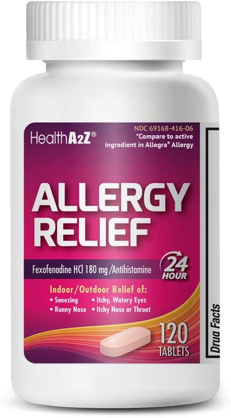 HealthA2Z Fexofenadine Hydrochloride 180mg, Αντιισταμινικό για Αλλεργική Ανακούφιση, 24ωρη Αντιισταμινικό για Αλλεργική Ανακούφιση (120 Count (Pack of 1))