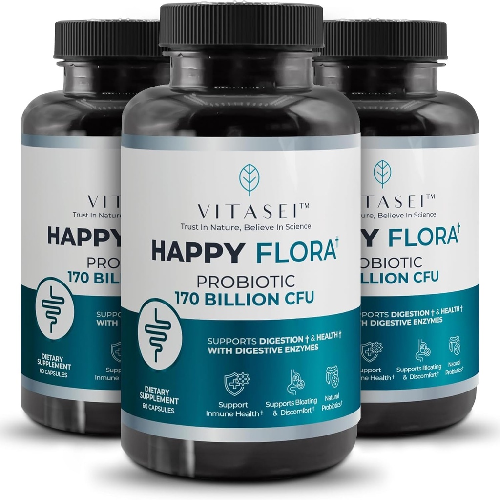 VITASEI Happy Flora, Probiotic Supplement 170 Δισεκατομμύρια CFU για Υγιεινή Υγεία με ένζυμα για την πέψη, προβιοτικά για γυναίκες και άνδρες, 3 Φιάλη - 180 Κάψουλες