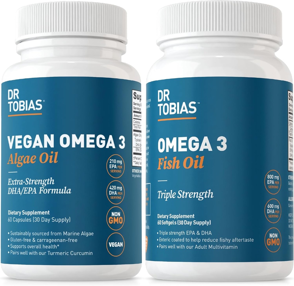Δρ Τομπάιας Vegan Omega 3 Algae Oil και Ωμέγα 3 ιχθυέλαιο, 2 επιλογές για ολοκληρωμένη υποστήριξη λιπαρών οξέων, μη ΓΤΟ