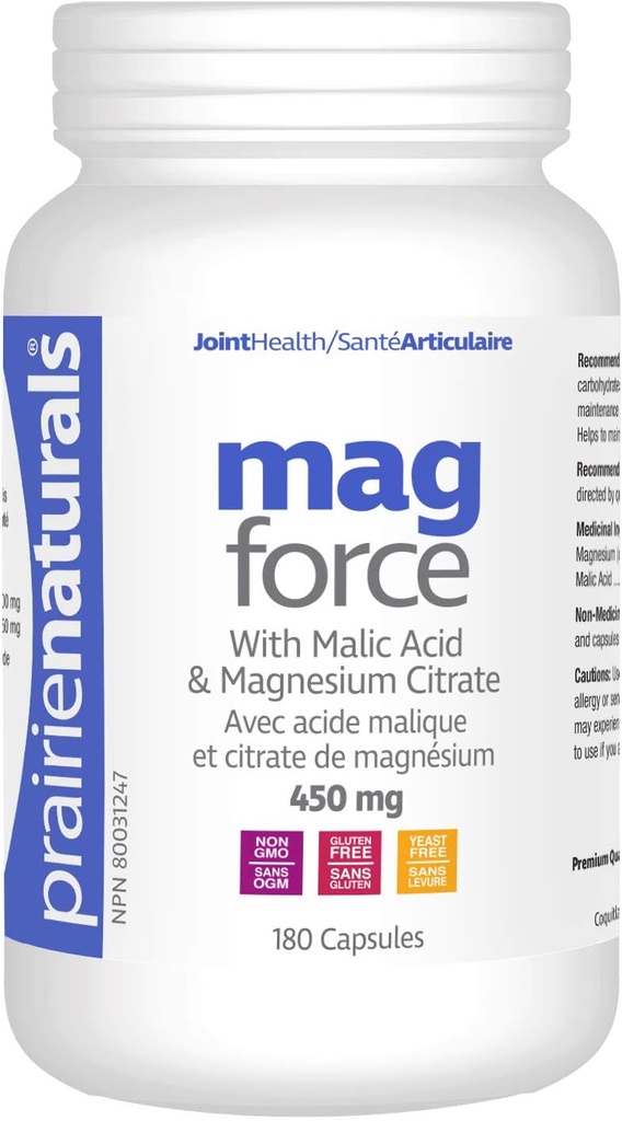 Prairie Naturals Mag Force Magnesium & Malic Acid Capsules, 180 Count