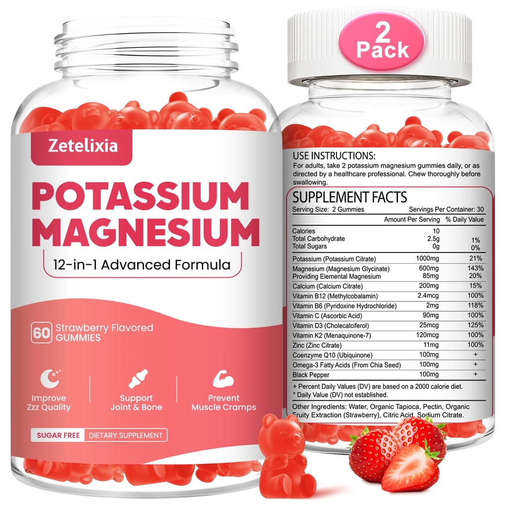 2 τεμ. Συμπληρώματα μαγνησίου Κάλιο Gummies για ενήλικες παιδιά, γλυκινικό μαγνήσιο & κιτρικό κάλιο, Συν πολυβιταμίνη, Ωμέγα-3 & Μαύρο πιπέρι, κρούστα ποδιών, μυϊκή & καρδιακή υγεία, 120 κόμης