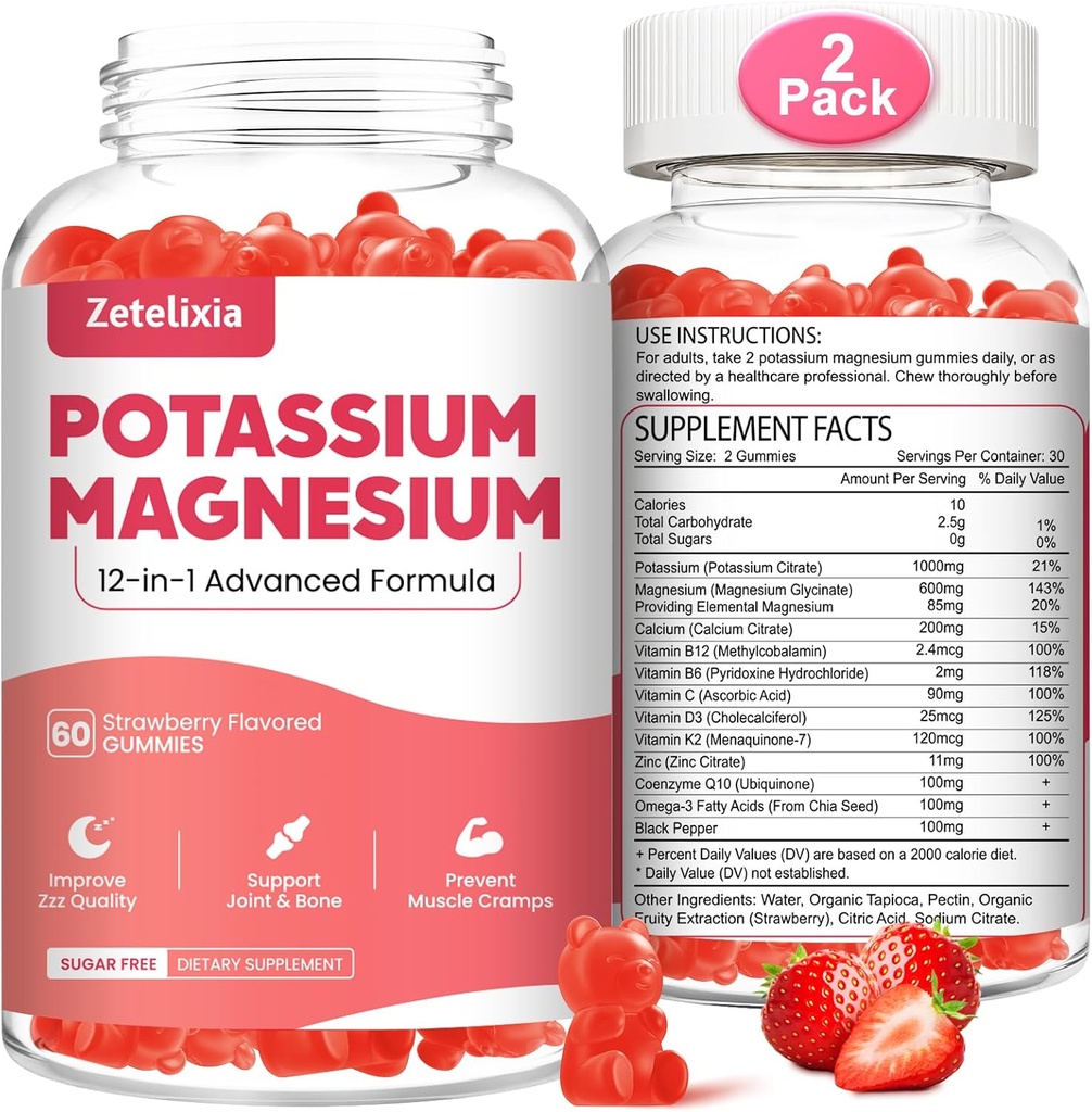 2 Pack Potassium Magnesium Supplement Gummies for Adults Kids, Magnesium Glycinate & Potassium Citrate, Plus Multivitamin, Omega-3 & Black Pepper, Leg Cramps, Muscle & Heart Health, 120 Count