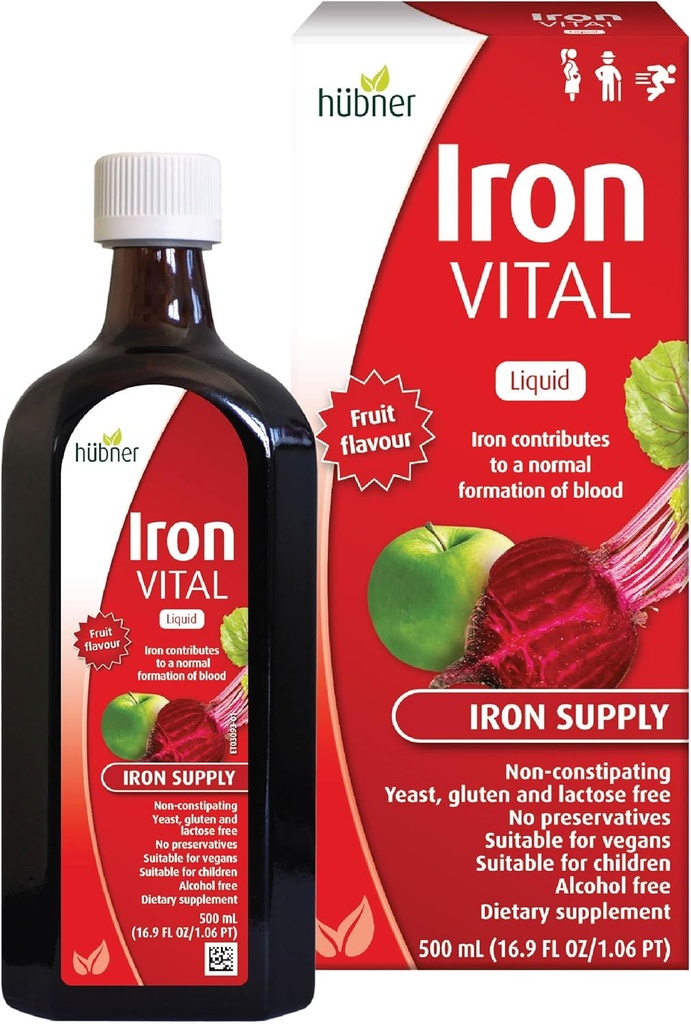 Hübner Hubner Iron Vital Liquid Iron Supply Plus Βιταμίνη C, Συμπλήρωμα διατροφής για ενήλικες και παιδιά, Vegan και Gluten-free, Fruit Flavor, 500 ml Μπουκάλι, 50 σέρβις