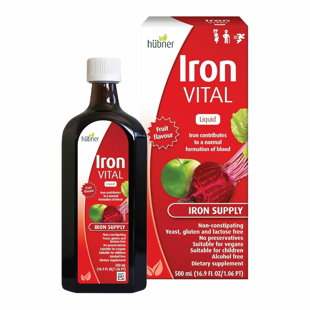 Hübner Hubner Iron Vital Liquid Iron Supply Plus Βιταμίνη C, Συμπλήρωμα διατροφής για ενήλικες και παιδιά, Vegan και Gluten-free, Fruit Flavor, 500 ml Μπουκάλι, 50 σέρβις
