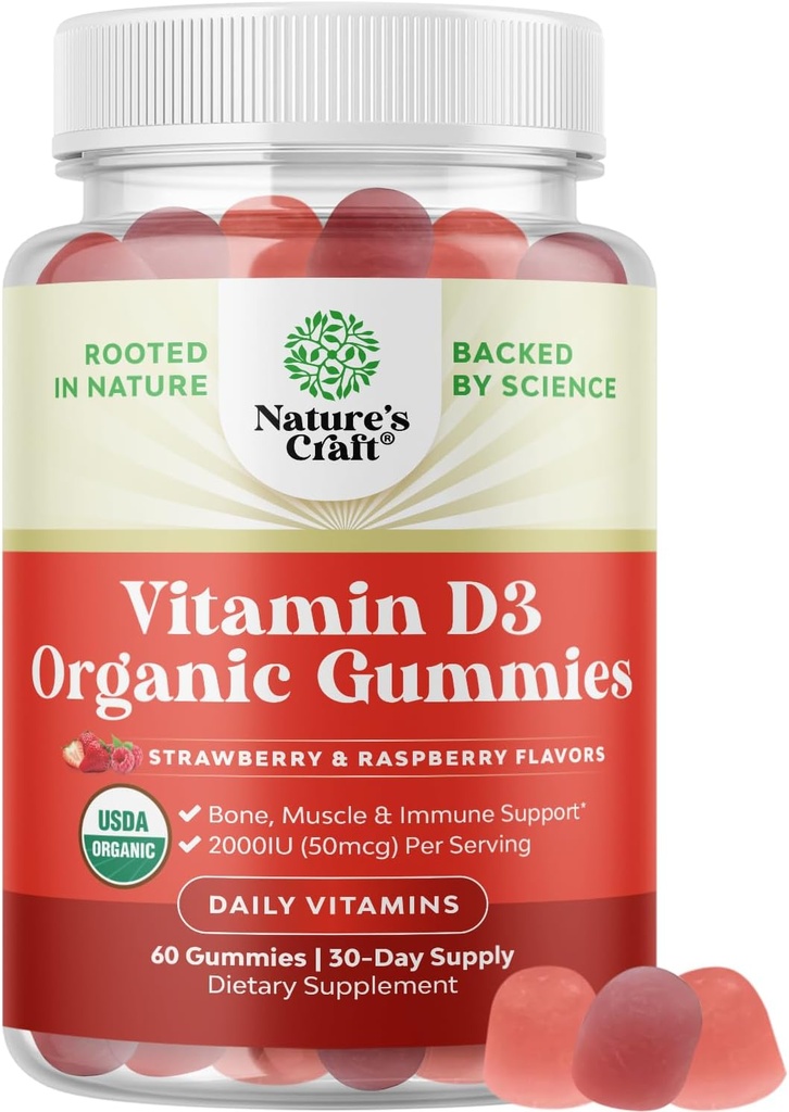 Βιολογική βιταμίνη D3 Gummies για γυναίκες και άνδρες - Βιταμίνη D Gummies 2000IU ανά υπηρεσία για την υγεία των οστών, τους μυς και την ανοσοποιητική υποστήριξη - Μη ΓΤΟ συμπλήρωμα για ενήλικες - Ζελατίνη & Χωρίς γλουτένη - 60 τσίχλες