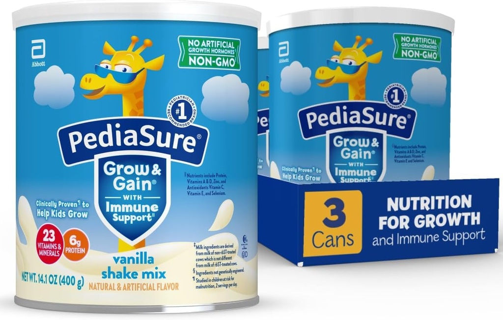 PediaSure Grow & Gain with Immune Support Shake Mix Powder, 23 Vitamins & Minerals, 6g Protein, Non-GMO, Gluten-Free, Vanilla, 14.1 oz Can, Pack of 3-24 servings