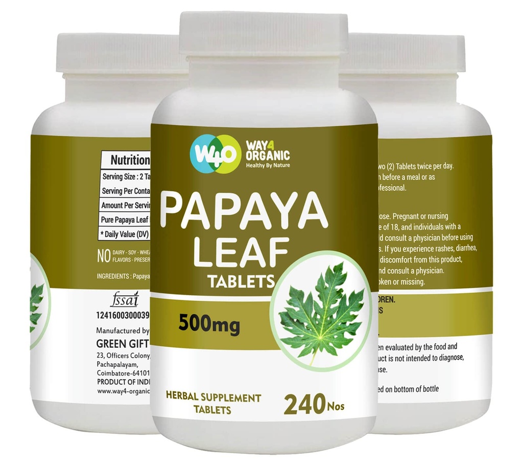 Papaya Leaf Extract Capsules (Tablets) - 500 mg 240 Pills, Supports Platelet Immunity & Digestion - 60 Days Supply