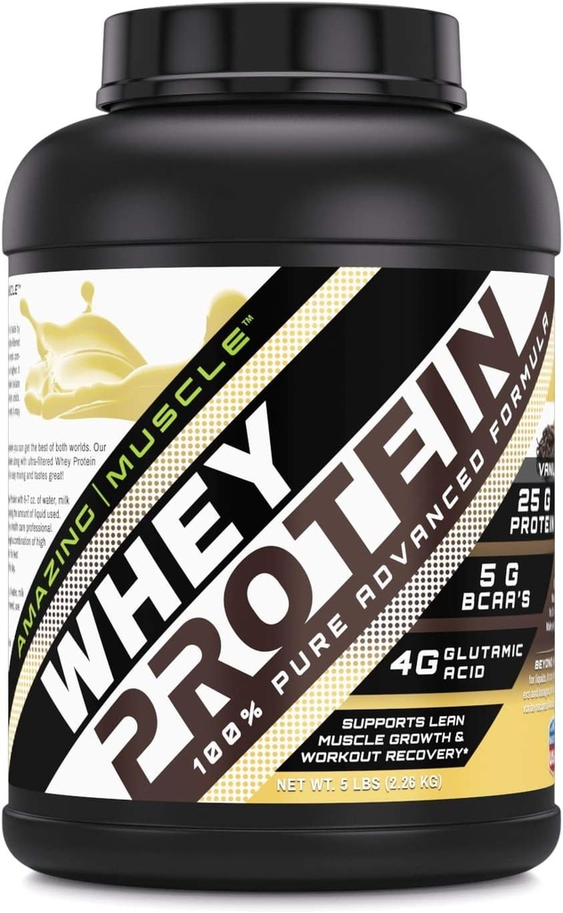 Amazing Muscle Whey Protein Isolate & Concentrate Powder | Vanilla Flavor | 25 G Protein per Serving | 70 Servings | Non-GMO | Gluten-Free | Made in USA
