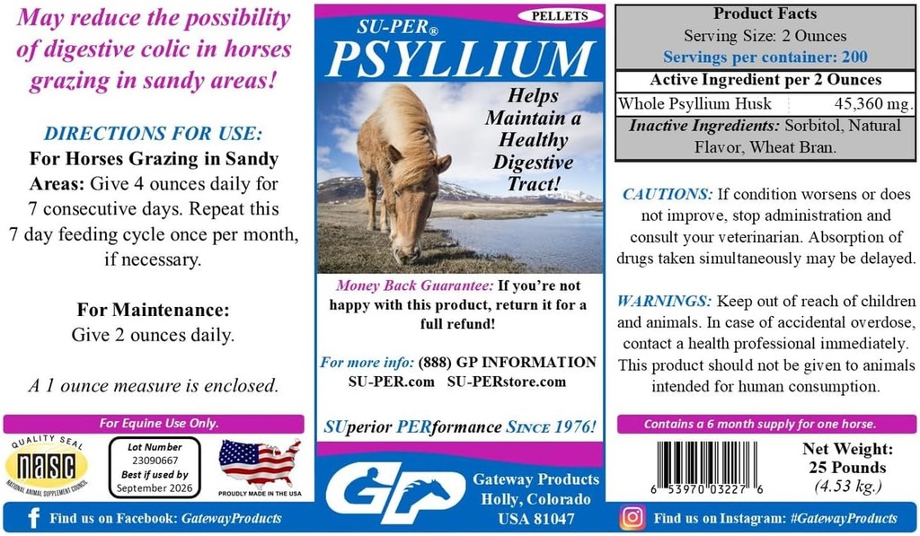 SU-PER Psyllium Pellets Equine Supplement - Διατηρεί Υγιεινή Πειθαρχική Ελκυστική στα Άλογα - Υποστηρίζει Αφαίρεση Άμμου & Βρώμης από Εντερική Ελκυστική - 25 Λίρες, 6 Μήνες Προμήθεια