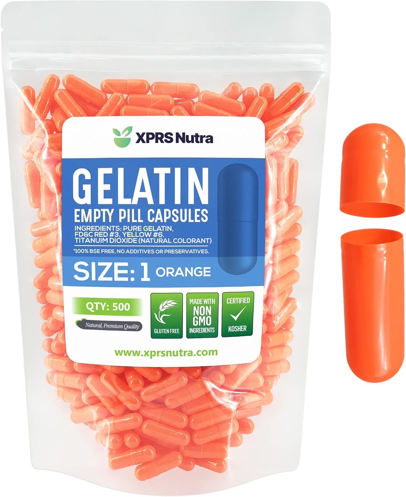 XPRS Nutra Μέγεθος 1 Κενές κάψουλες - 500 Count Empty Gelatin Κάψουλες - Χάπια DIY Καψάκιο Γέμισμα - Καθαρά Καπάκια τζελ για Μπόβιν Χάπια (Orange)