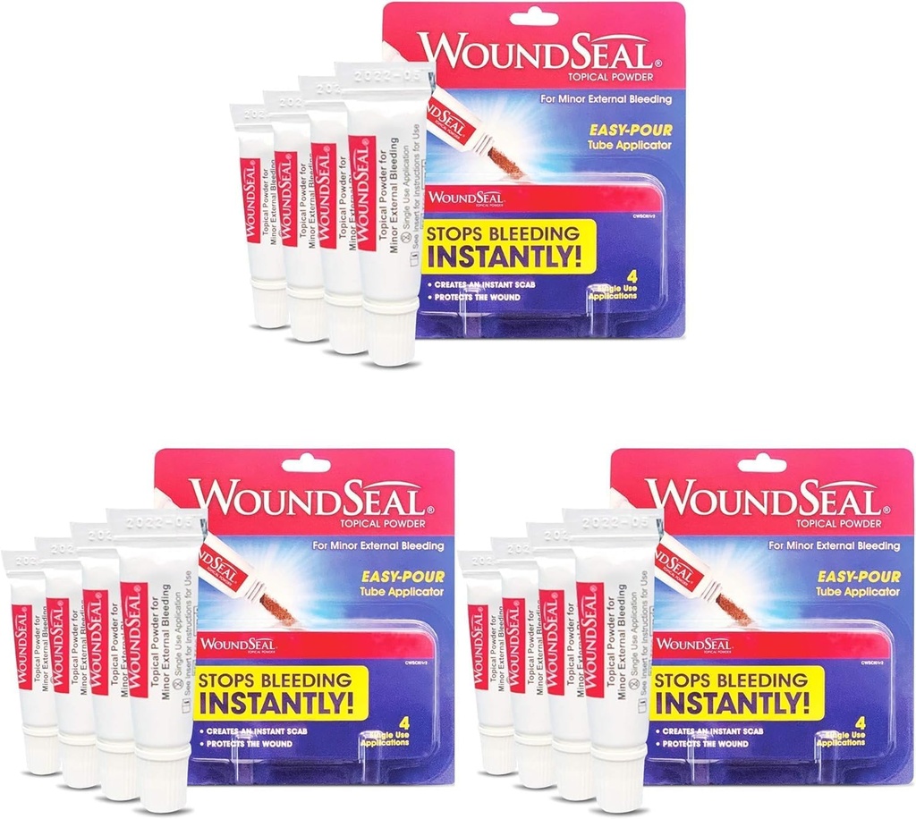 WoundSeal Powder 4 Το καθένα (Pack of 3) - Πρώτες βοήθειες για περικοπές, σχισμές και εκδορές - Στάματα Αιμορραγία σε Δευτερόλεπτα Χωρίς Stitches ή ληστές - Ασφαλής και αποτελεσματική για τους ανθρώπους όλων των ηλικιών και των ζώων