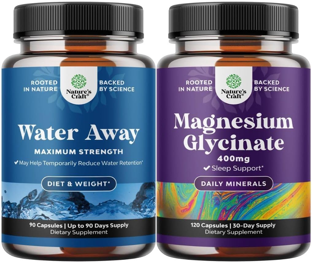 Bundle of Water Away Pills Maximum Strength - Herbal Diuretic Pills for Water Retention for Fast Acting Bloating Relief and Pure Magnesium Glycinate 400mg Per Serving for Mood Sleep and Relaxation