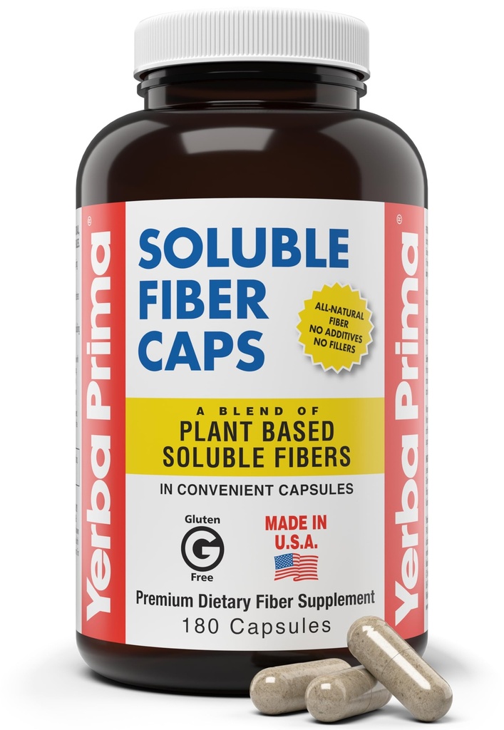 Yerba Prima Soluble Fiber Formula Κάψουλες, 180 Count - Premium συμπλήρωμα διαιτητικών ινών, Φυσικές, συμπυκνωμένες διαλυτές ίνες, χωρίς γλουτένη, μη ΓΤΟ, Κατασκευασμένες στις ΗΠΑ
