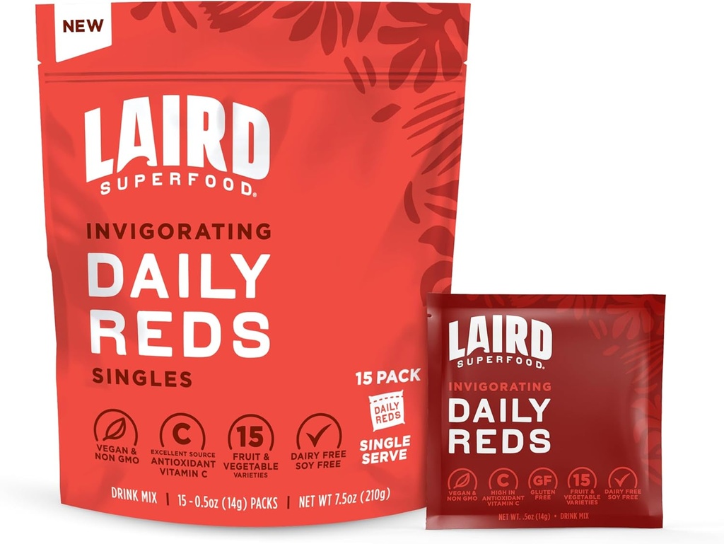 Laird Superfood Antioxident Daily Reds Σκόνη, Δωρεάν Ριζοσπαστική Καταπολέμηση Blend, Βιταμίνη C, Μαγγάνιο, 2 Υπηρεσίες φρούτων και λαχανικών ανά υπηρεσία, 15 Pack