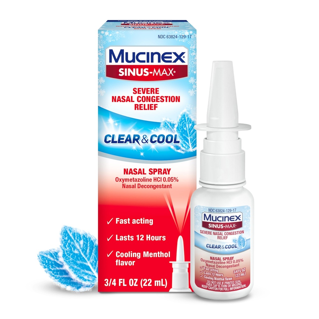 Mucinex Sinus-Max Nasal Spray Αποσυμφορητικό, 12 ώρες Over-The-Counter Medication Spray για Sinus Relief, Ρινικά Αποσυμφορητικά για Ενήλικες & Sinus Συμφόρηση, Ψύξη Menthol, 0,75 Fl Oz
