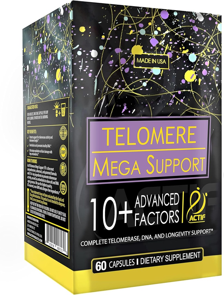 ACTIF Telomere Mega Support με 10+ Παράγοντες, μη ΓΤΟ, Τελομεράση και συμπλήρωμα DNA για την ενέργεια, τη μνήμη και την καταπολέμηση της γήρανσης, Made in USA, 60 Count
