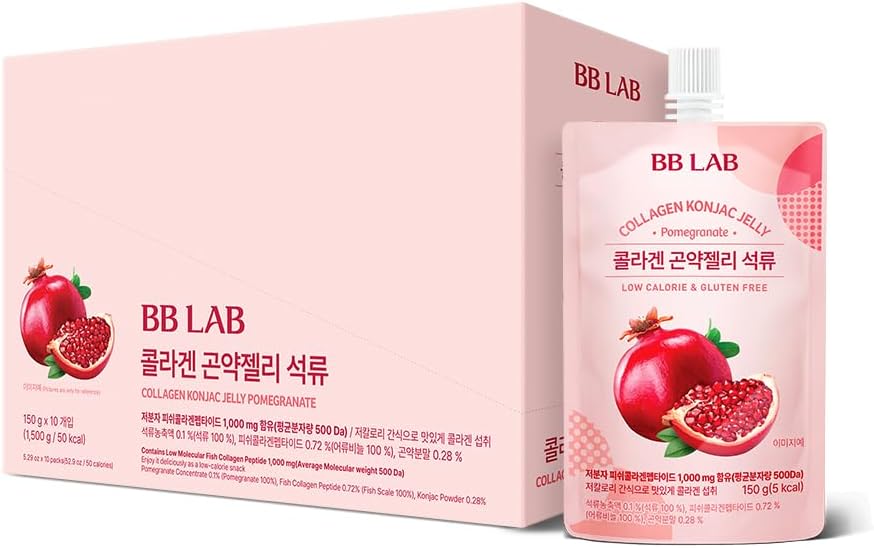 BB LAB Collagen Konjac Jelly, Ρόδι, (10 συσκευασίες/52.9 oz) - 5 θερμίδες, Χωρίς ζάχαρη, Ψάρια Collagen Peptide 1,000 mg, Χαμηλός υδατάνθρακες / Ποτό Zero Sugar Jelly Dessert, Διαιτητική Ίνα, Χωρίς γλουτένη