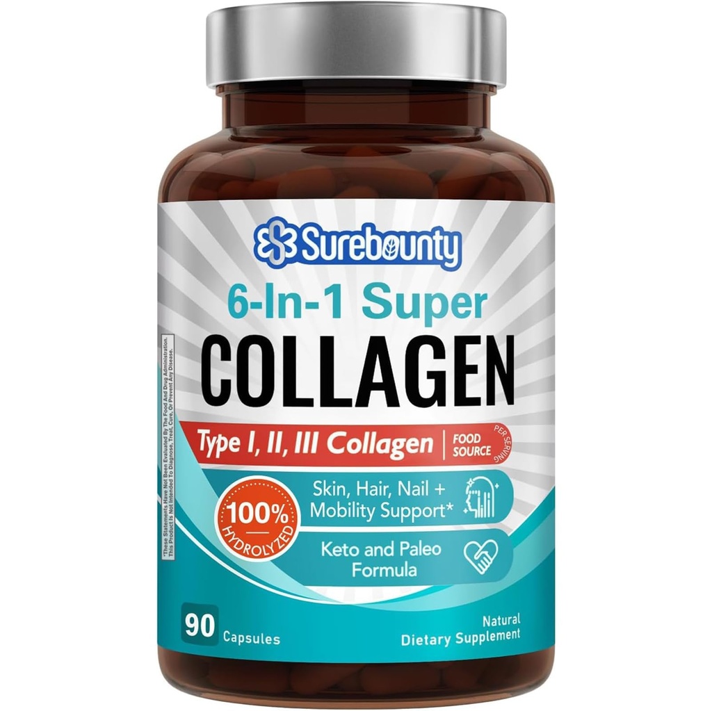 Multi Collagen Complex, Type I, II, III, 6-in-1 Super Collagen με Βιταμίνη C, Υαλουρονικό οξύ, Βιοτίνη, Κουρκουμάς, Μαύρο πιπέρι, Κέτο, 90 κάψουλες
