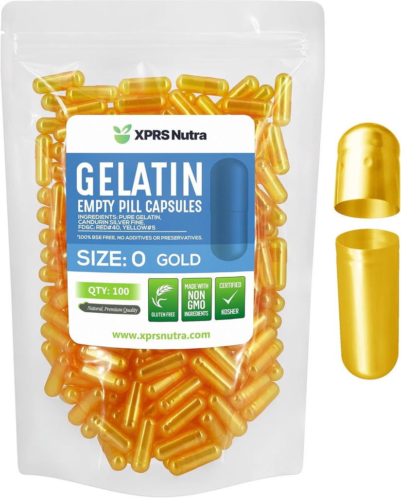 XPRS Nutra Μέγεθος 0 Κενές κάψουλες - 100 Count Empty Gelatin Κάψουλες - Χάπια DIY Καψάκιο Γέμισμα - Αγνά χάπια τζελ για το Do-It-Yourself Συμπληρώματα (χρυσό)