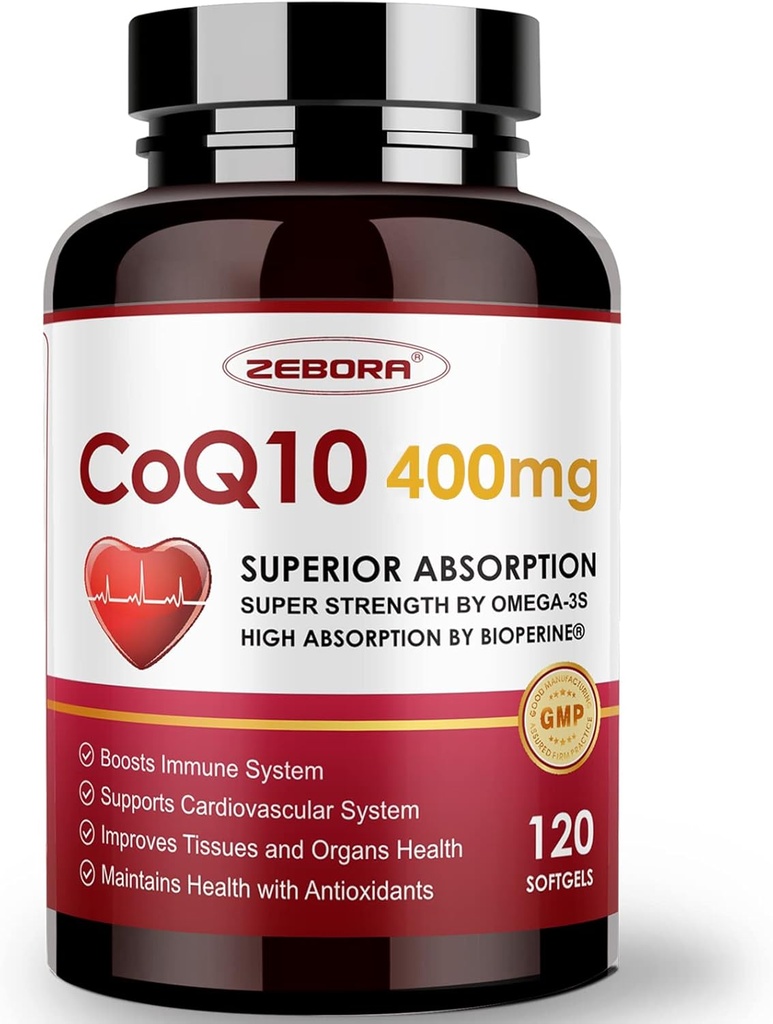 ZEBORA CoQ10-400mg-Softgels with PQQ, BioPerine & Omega-3, Coenzyme Q10(Ubiquinone) Supplement for High-Absorption, Powerful-Antioxidant, Support Heart & Energy-Production, 120 Servings