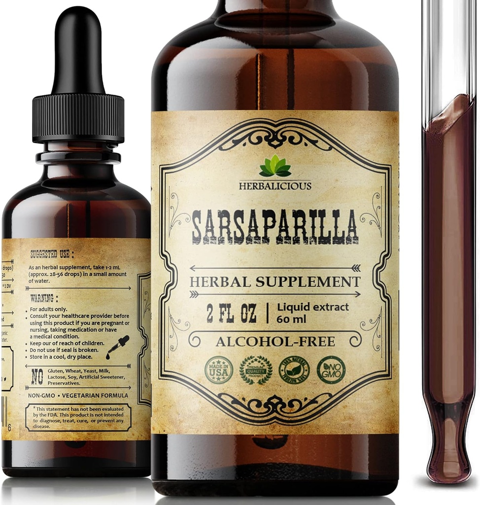 Sarsaparilla Liquid Extract – Smilax officinalis βοτανικό συμπλήρωμα – Μη ΓΤΟ, Χωρίς αλκοόλ, Χωρίς γλουτένη, Φυσικό τονωτικό ρίζας – Παραδοσιακή βοτανική ευεξία – Σταγονόμετρο 2 ουγγιών