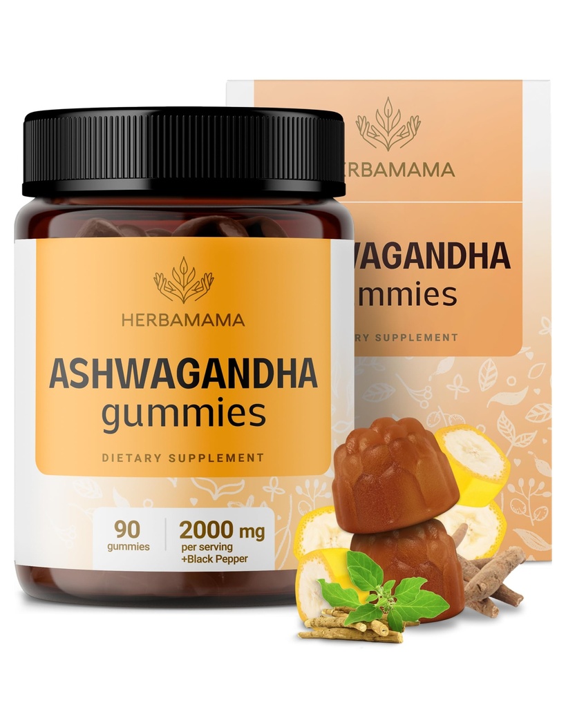 HERBAMAMA Ashwagandha Gummies - 2000mg Pure Ashwagandha Root με Μαύρο Πιπέρι για την υποστήριξη ηρεμίας και διάθεσης - Vegan, μη-GMO Συμπληρώματα ηρεμίας για ενήλικες - 90 Pectin-based Banana-Flavored Chews