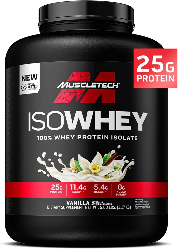 MuscleTech ISO Whey Isolate Protein Powder, Vanilla - Post Workout Gym Supplement for Lean Muscle Gain, Body Building Weight Gainer & Recovery - 25g Protein, BCAA, EAA & 0 Added Sugar - 5lbs