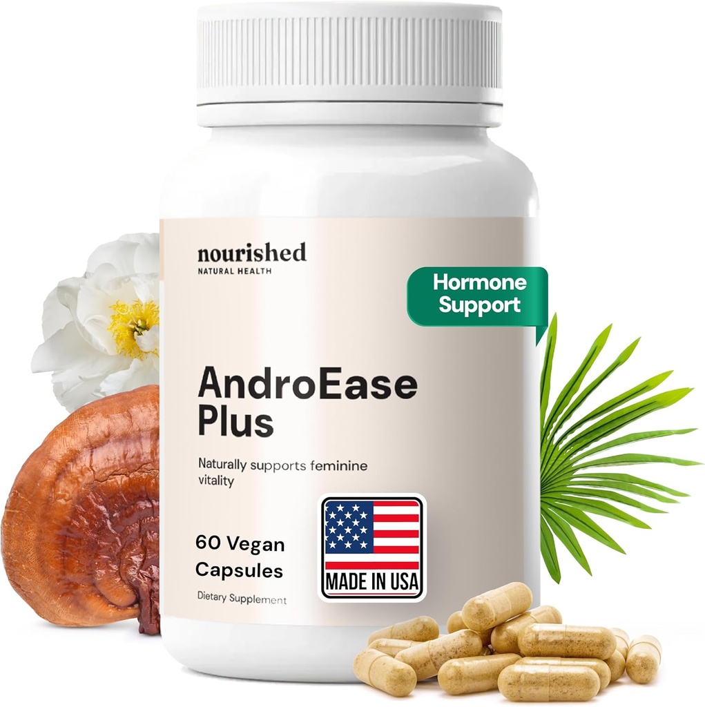 Nourished AndroEase Plus - Vegan Hormone Balance for Women - Ψευδάργυρος, Reishi, Πράσινο Τσάι και Saw Palmetto για γυναίκες - για την ενέργεια, τη ζωντάνια, τα μαλλιά προσώπου και την καθημερινή ευεξία - 60 κάψουλες, Made in USA