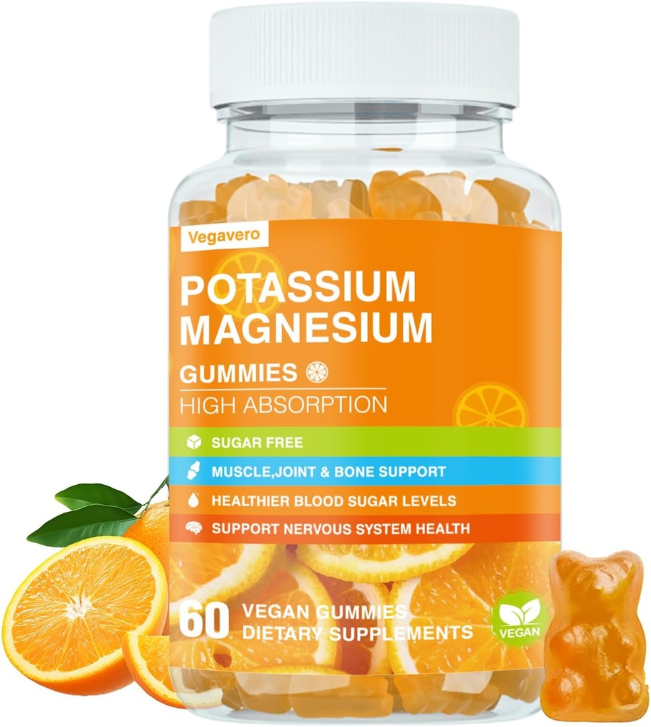 Κάλιο Μαγνήσιο Gummies - Υψηλή Απορρόφηση Μαγνήσιο Γλυκινικό & Κιτρικό Κάλιο Plus Συνένζυμο Q10, DHA, D3, Ορυκτό & Ασβέστιο για Zzz, Πόδι Κράμπες & Μύες - 60 Πορτοκαλί Gummies