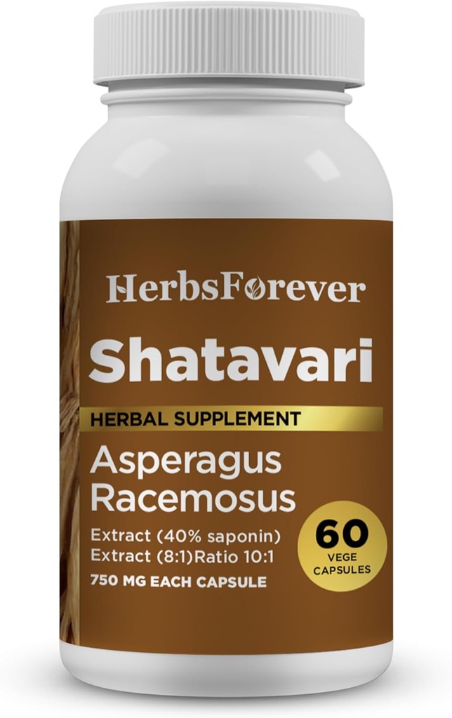 Herbsforever Shatavari Capsules Premium Asparagus Racemosus Supplement 40% Saponins 750 mg High-Potency Formula - 60 Vegetarian Capsules Herbal Wellness & Balance Support Non-GMO