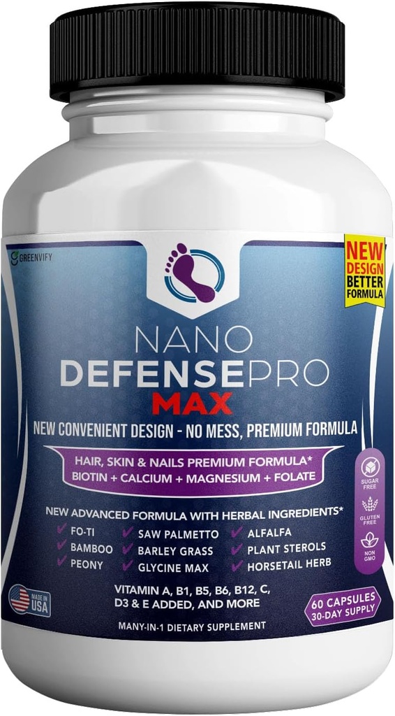 Nano Defense Pro Max Hair Skin and Nails Supplement, Biotin Calcium Magnesium Complex, 60 κάψουλες, 30-Day Supply (1)