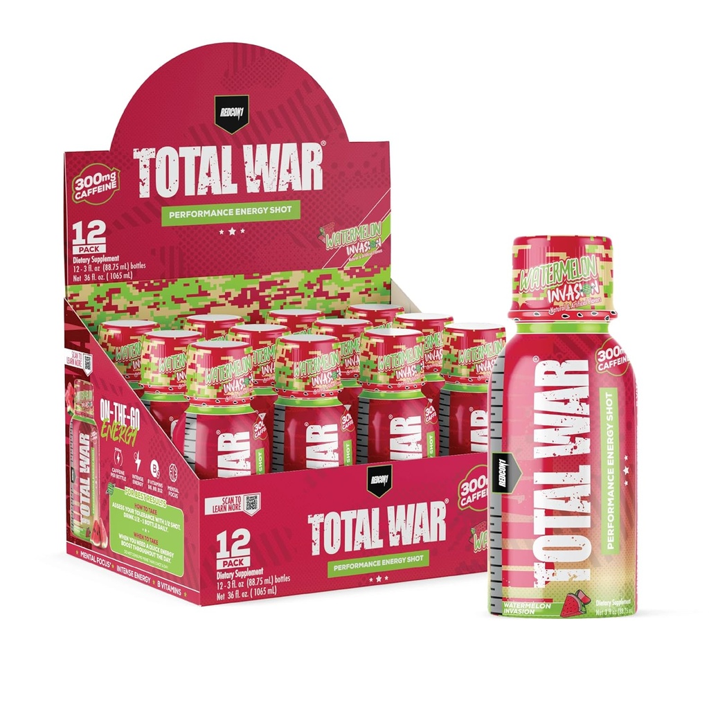 REDCON1 Total War Pre Workout Energy Shots - 300mg Caffeine Shots with B Vitamins & 0 Sugar - Long-Lasting Energy Shot for Focus Support - Fuel Your Workout or Workday - Watermelon Invasion (12 Count)