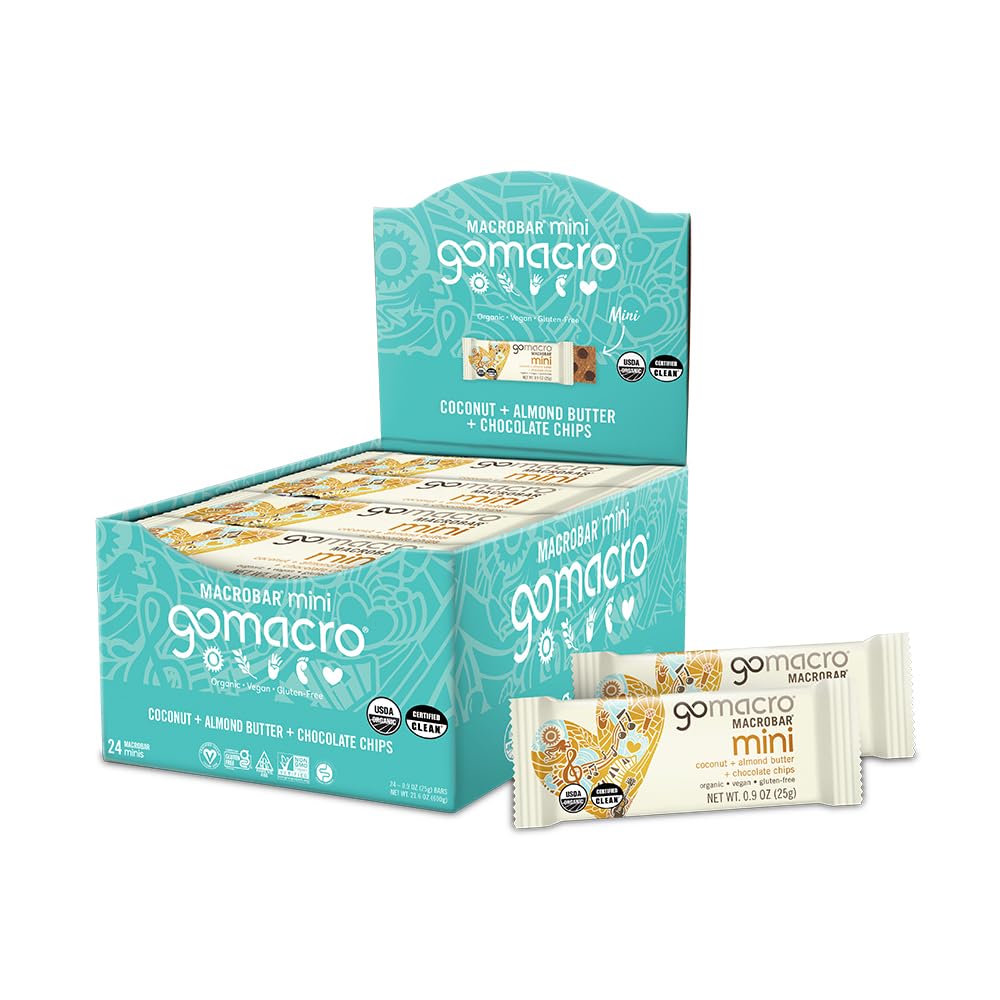 GoMacro MacroBar Mini Organic Vegan Snack Bars - καρύδα + βούτυρο αμυγδάλου + τσιπ σοκολάτας (0,90 ουγγιά, 24 κόμης)
