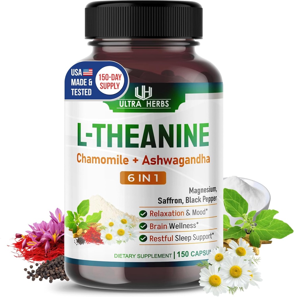 L-Theanine Supplement - 6 IN 1 Complex Enriched with Magnesium, Ashwagandha, Saffron, Chamomile - Support Relaxation, Calmness & Sleep Quality | 150 Capsules