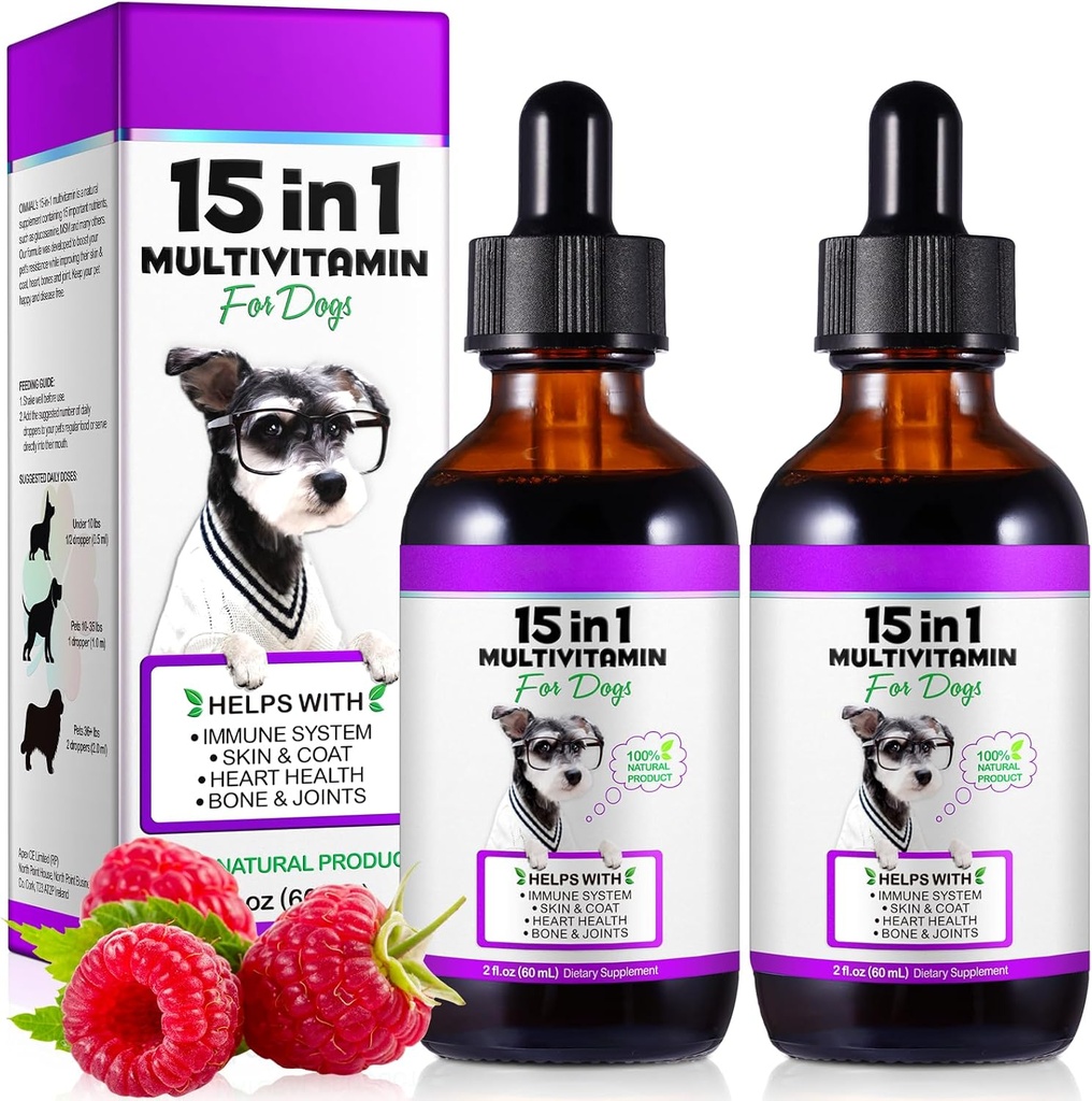 Πολυβιταμίνη σκύλου, 15 σε 1 Dog Multivitamin Liquid Drops Συμπληρώματα, Βιταμίνες σκύλου για την υγεία της καρδιάς, οστά, αρθρώσεις, δέρμα & παλτό, Bladder, ανοσοποιητικό σύστημα Υποστήριξη 60ml-2pcs