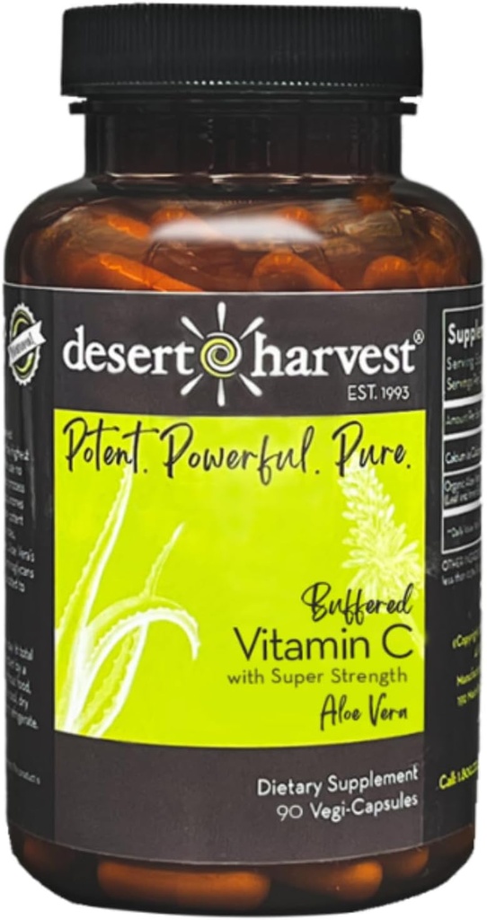 Desert Harvest Buffered Vitamin C Supplement with Aloe Vera for Absorption - Antioxidant Support, Immune Support, IC Support - 90 Capsules