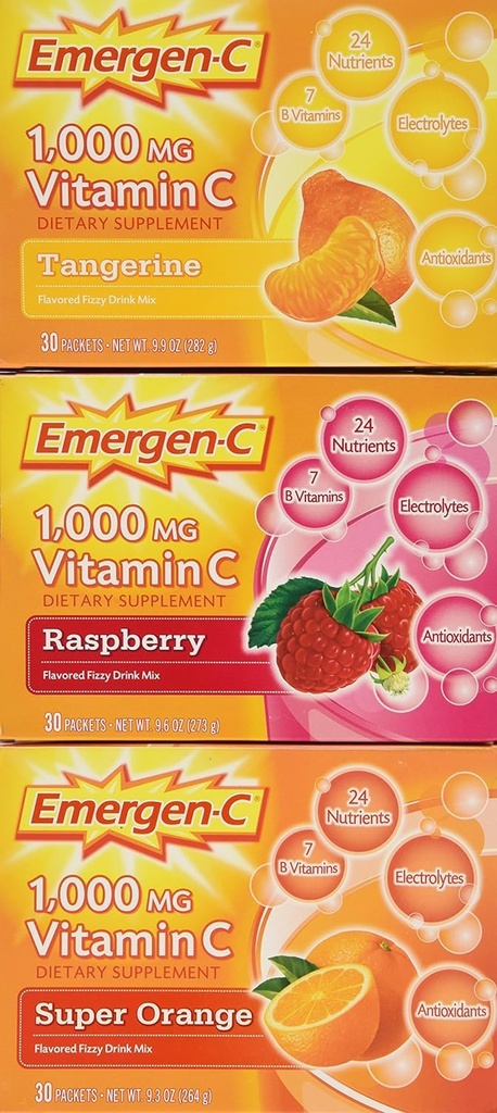 Emergen-C 1,000 mg Vitamin C Dietary Supplement Drink Mix, Super Orange/Raspberry/Tropical, 90 Packets, Net Wt. 28.5 oz.