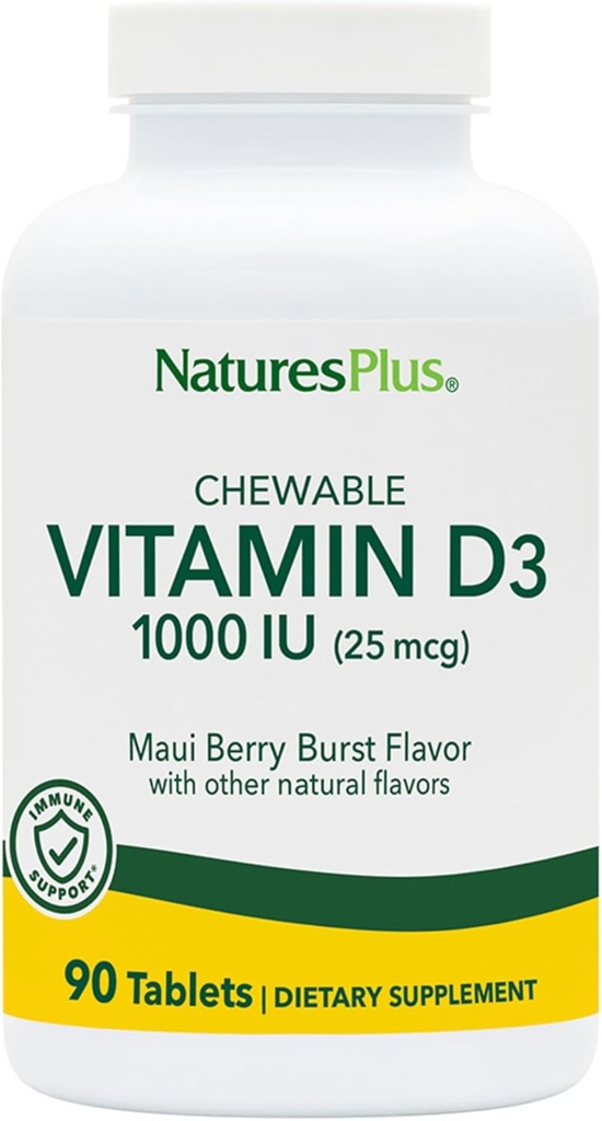 NaturesPlus Vitamin D3 (1000 IU) - 90 Chewable Tablets, Maui Berry Burst Flavor - Vegetarian, Gluten Free - 90 Servings