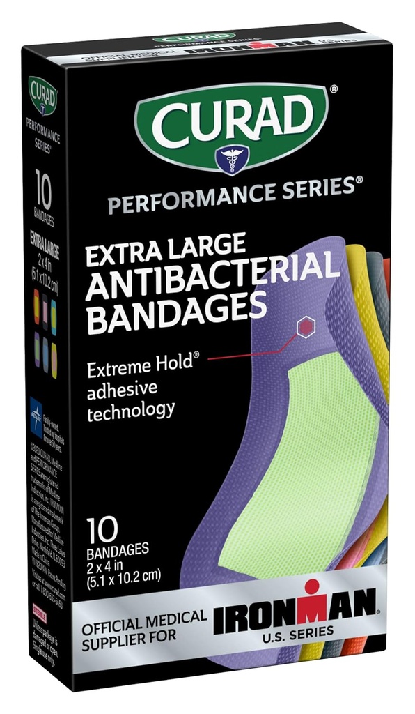 CURAD Performance Series IRONMAN Αντιβακτηριακά συγκροτήματα, Extreme Hold Αυτοκόλλητη Τεχνολογία, Extra Large Ευέλικτες Ζώνες Υφασμάτινων για περικοπές, scrapes, & Burns, Διάφορα χρώματα, 2 x 4 ίντσες, 10 κόμης