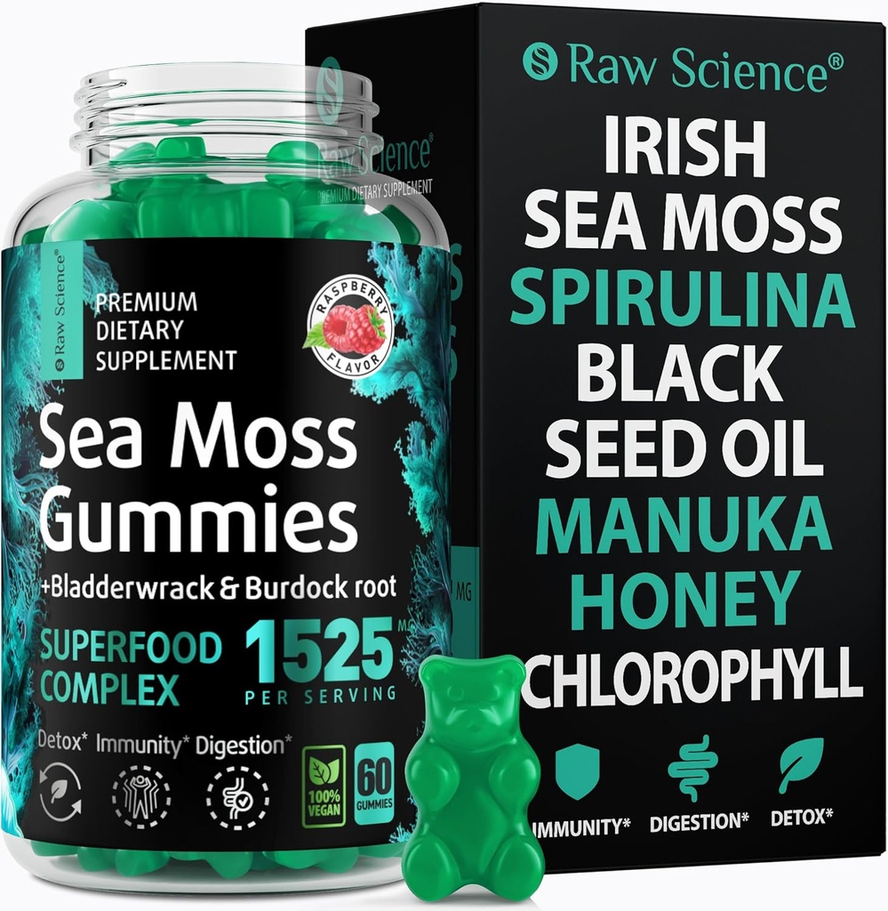 Ιρλανδέζικης θάλασσας Moss Gummies - Detox & Thyroid Υποστήριξη για γυναίκες & άνδρες - Μαύρο σπορέλαιο, μέλι Μανούκα, fenugreek, Chlorophyl: Immune Support, Immunity Supplement - Burdock Root, Bladderwrack - 60 Gummies