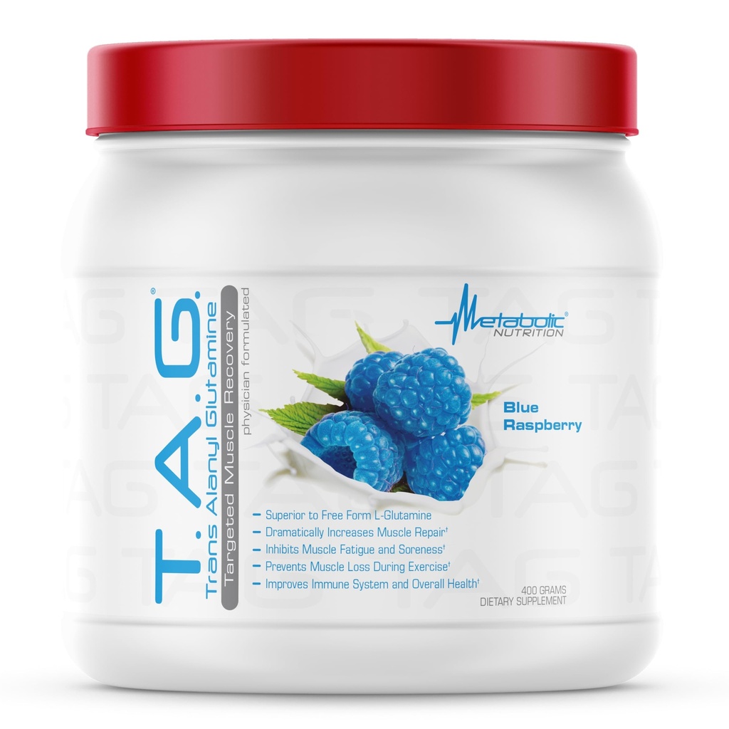 Metabolic Nutrition, TAG, Trans Alanyl Glutamine, 100% L-Glutamine Peptide Powder, Pre Intra Post Workout Supplement, 400 Grams (40 Servings) (Blue Raspberry)