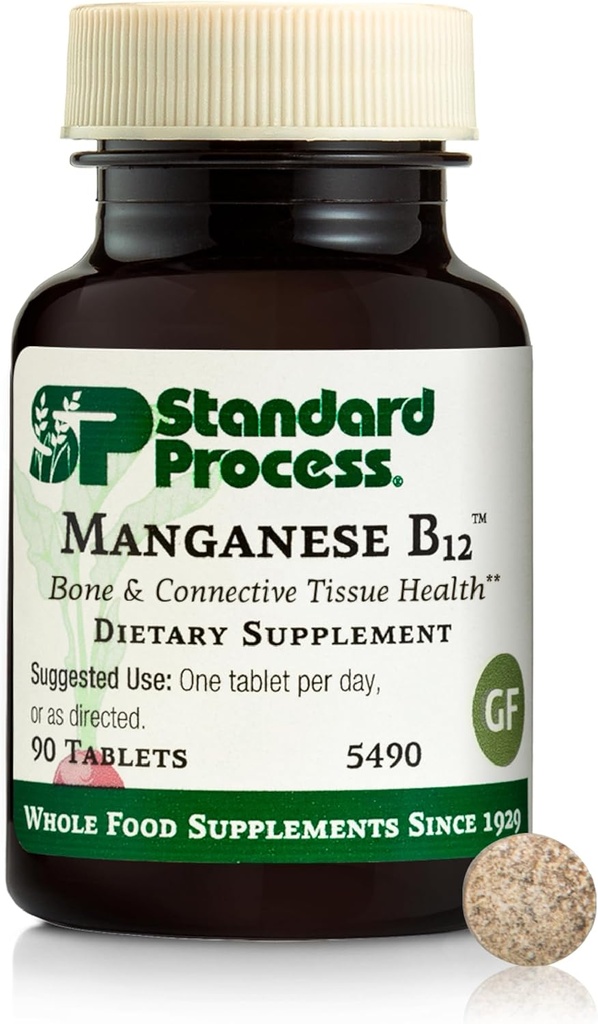 Standard Process Manganese B12 - Υποστηρίζει την υγεία των οστών και συνδετικών ιστών - Υποστήριξη σχηματισμού αιμοσφαιρίνης - Χωρίς γλουτένη, μη γαλακτώδη και μη σόγια - 90 δισκία (90 σερβιρίσματα)