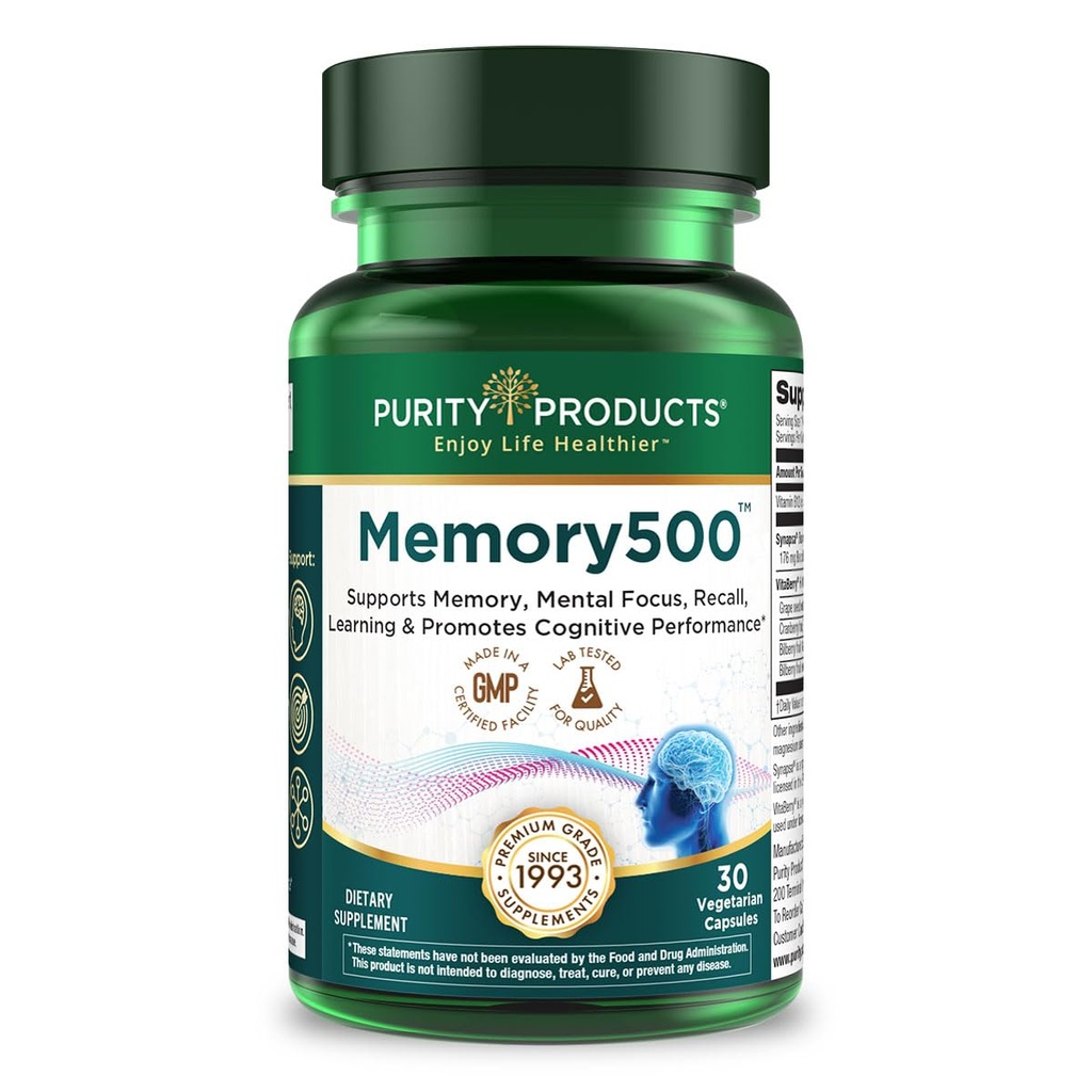 Προϊόντα καθαρότητας Μνήμη500 Bacopa monniera/Brahmi Elite Nootropic Complex - Υποστηρίζει την κορυφαία γνωστική απόδοση*, την αυξημένη ταχύτητα μάθησης* και την υγιή μνήμη & ανάκληση* - 30 χορτοφαγικά Caps