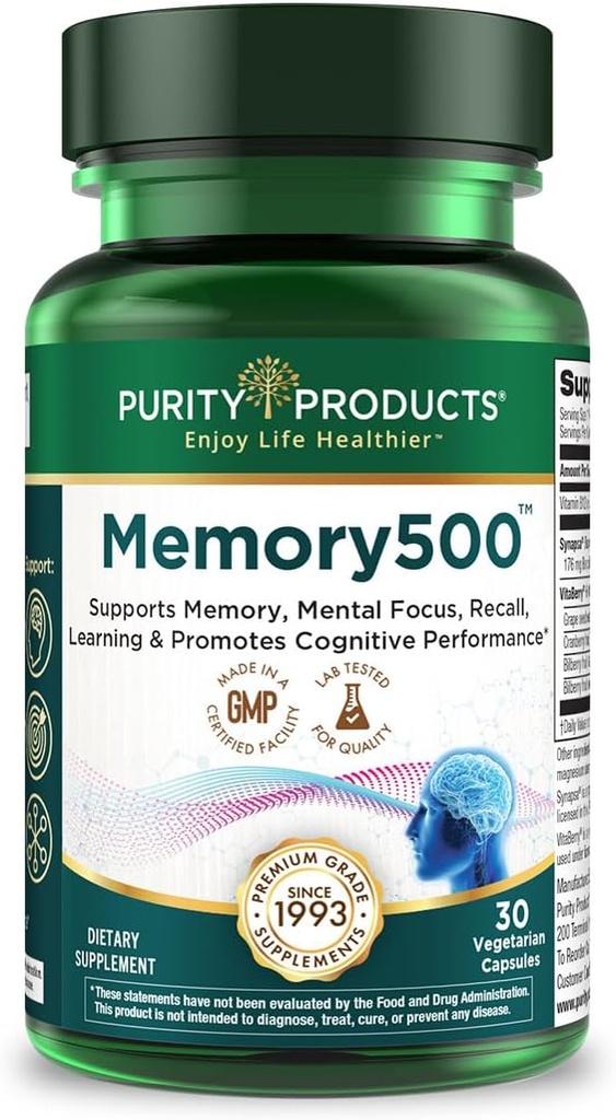 Προϊόντα καθαρότητας Μνήμη500 Bacopa monniera/Brahmi Elite Nootropic Complex - Υποστηρίζει την κορυφαία γνωστική απόδοση*, την αυξημένη ταχύτητα μάθησης* και την υγιή μνήμη & ανάκληση* - 30 χορτοφαγικά Caps