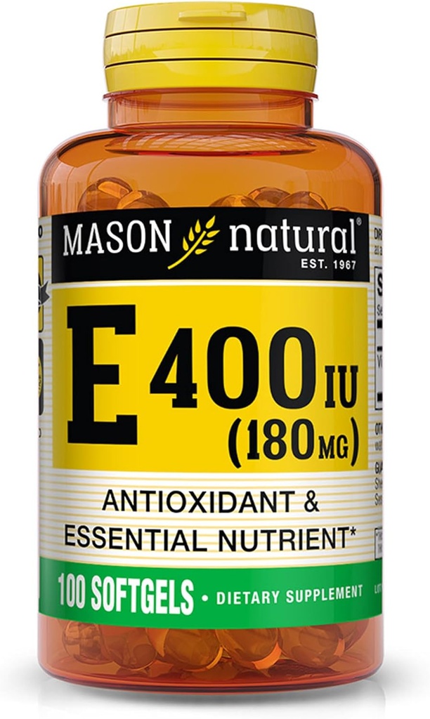MASON NATURAL Vitamin E 180 mg (400 IU) - Antioxidant and Essential Nutrient, Healthy Immune System, Skin and Eyes, Whole Body Supplement, 100 Softgels