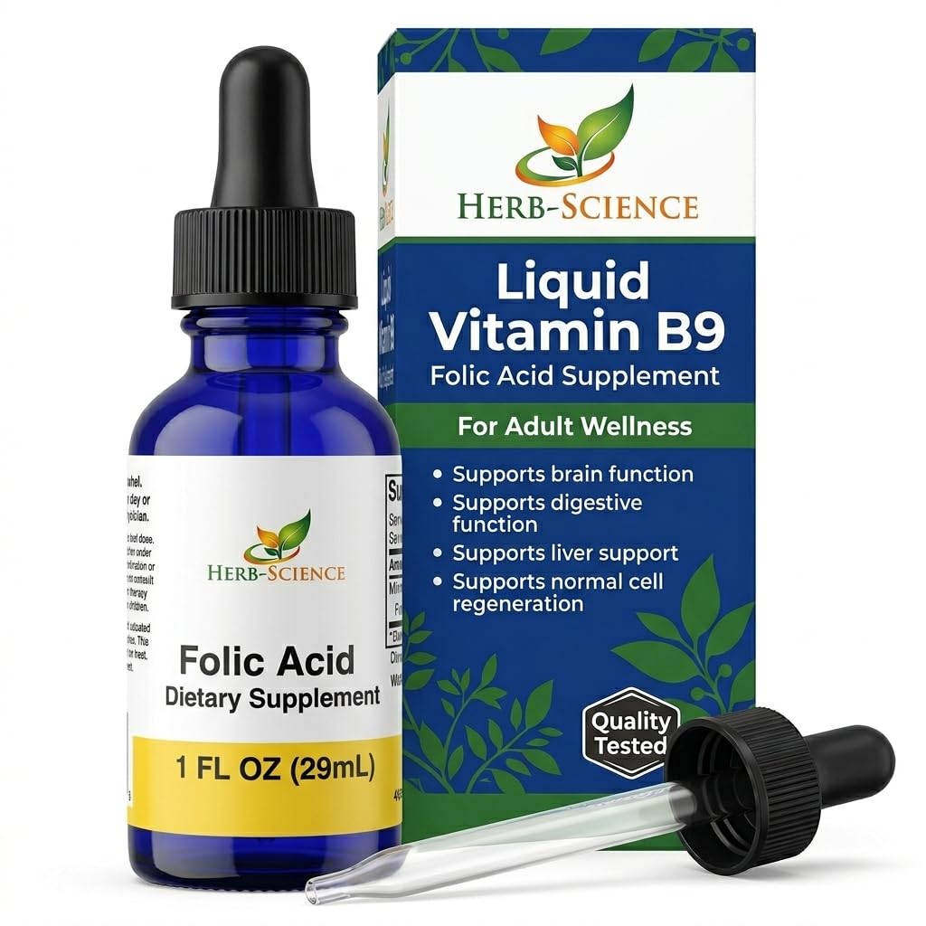 Υγρή Βιταμίνη Β9 Folic Acid Συμπληρώματα - VIT Β σταγόνες για τον εγκέφαλο & την πυγμή λειτουργία, Ηπατική Υποστήριξη - Χωρίς γλουτένη, Μη ΓΤΟ, Vegan - Συμπλήρωμα διατροφής για ενήλικες - 1 fl. oz.