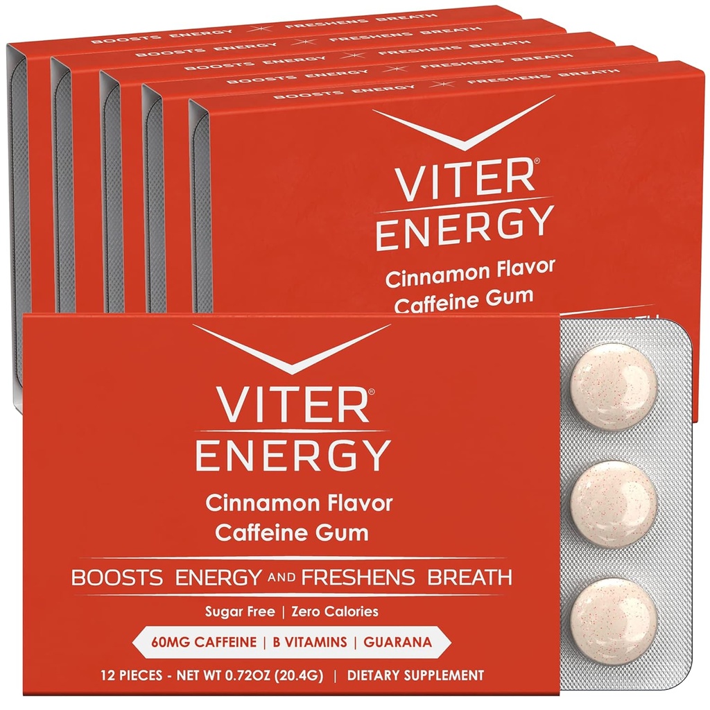 Viter Energy Caffeinated Gum 60mg Caffeine, B Vitamins, Guarana, Sugar Free. (Κίναμον, 12pcs, 6 Pack)